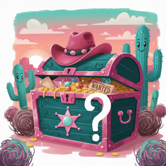 Playful Western-themed mystery treasure chest with sheriff's star, cowboy hat, cacti and tumbleweed in teal and pink