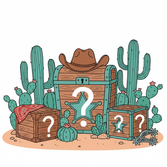Playful Western-themed three mystery boxes with sheriff's stars, cowboy hat, cacti in teal and pink